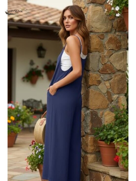 Pants - Women's Casual Loose Wide Leg Jumpsuit Sleeveless Romper Overalls Pockets